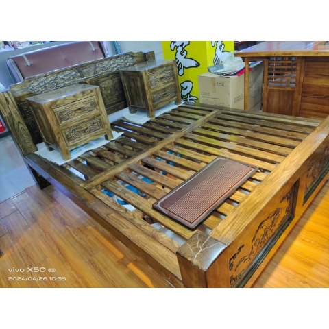 香河實木床 復古風格全實木床 老榆木床 老榆木雙人床 廣東生產香河倉庫現貨直發 香河潤澤家具