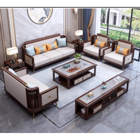 香河實木沙發組合 烏金木沙發組合 新中式沙發烏金木 1+2+3+大小茶幾五件套  廣東生產香河倉庫現貨直發 香河潤澤家具