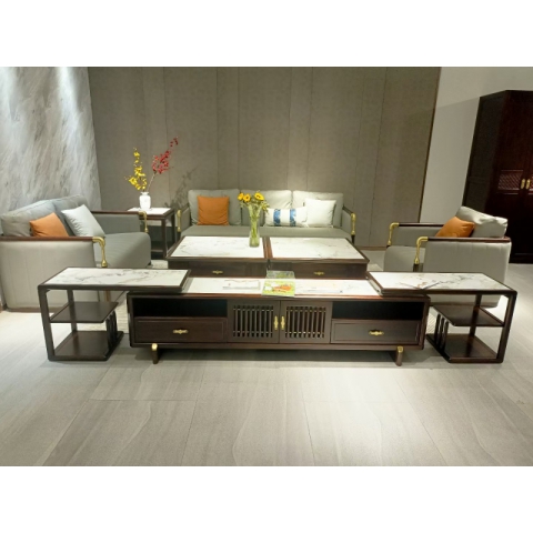 香河實木沙發組合 烏金木沙發組合 新中式沙發烏金木 1+2+3+大小茶幾五件套  廣東生產香河倉庫現貨直發 香河潤澤家具