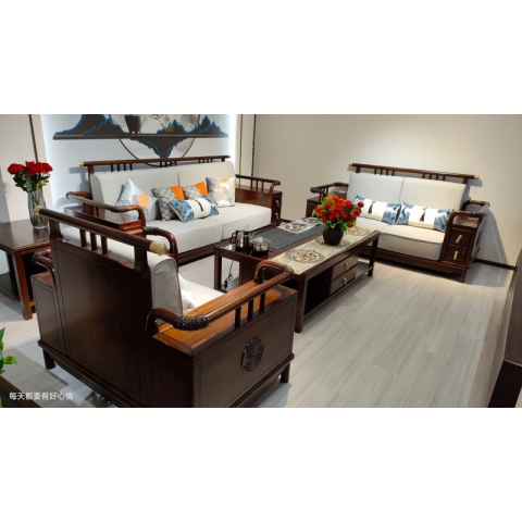 香河實木沙發組合 烏金木沙發組合 新中式沙發烏金木 1+2+3+大小茶幾五件套  廣東生產香河倉庫現貨直發 香河潤澤家具