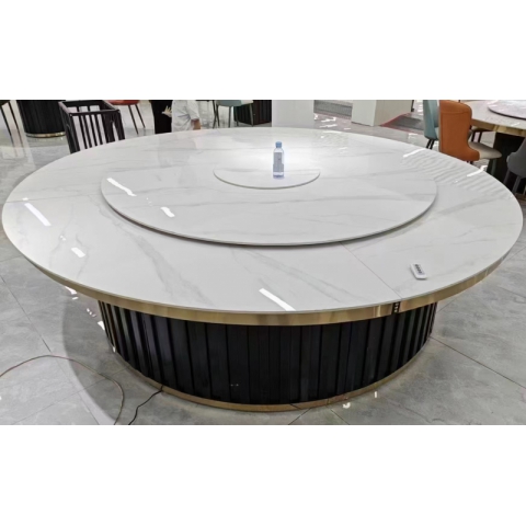 勝芳酒店桌批發 新中式 巖板 大圓餐桌 鋁合金包巖板飯店 家用圓形餐桌 火鍋桌 大圓桌子 高馳家具