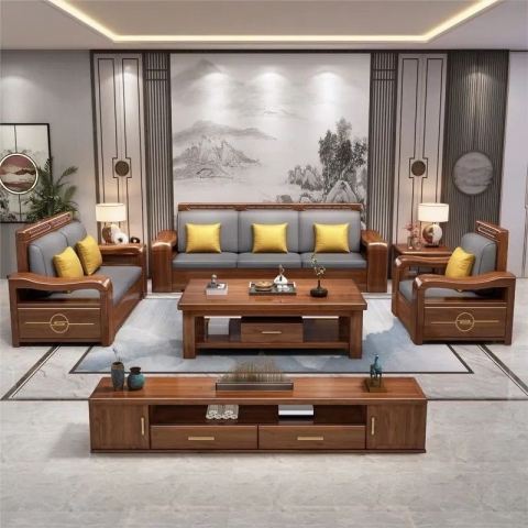 香河實木沙發(fā)組合 高箱高靠沙發(fā) 胡桃木沙發(fā)組合 新中式沙發(fā)胡桃木 1+2+3+大小茶幾五件套  廣東生產(chǎn)香河倉庫現(xiàn)貨直發(fā) 香河潤澤家具