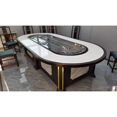 勝芳酒店桌批發 新中式巖板酒店桌 橢圓電動傳送餐桌 長方形自動旋轉火鍋桌 匯峰酒店家具
