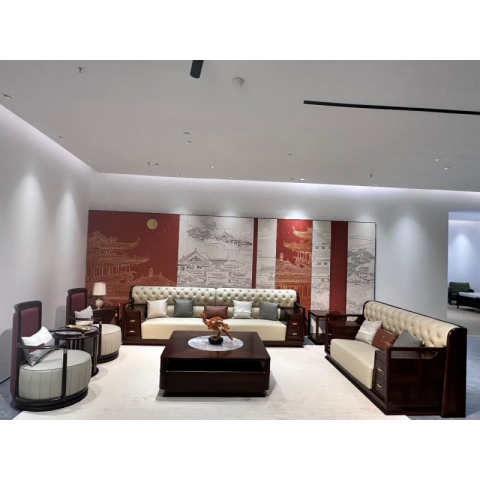 香河實木沙發(fā)組合 拉扣設(shè)計生態(tài)真皮面料 高密度回彈海綿 新中式沙發(fā)黑檀木 2+4沙發(fā)＋休閑椅三件套＋大小茶幾八件套 香河潤澤家具