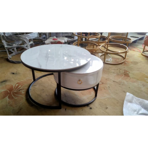 圓套幾巖板茶幾鐵架抽屜軟包皮革三柱