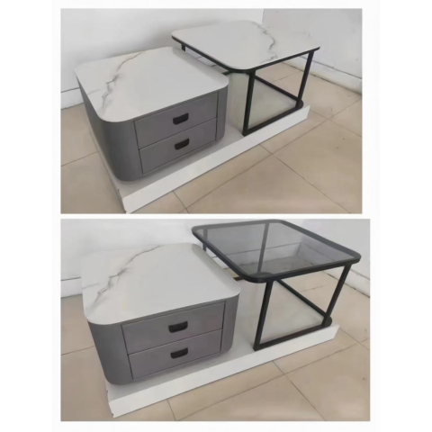 雙抽屜軟包四柱黑方框方套幾大小方巖板茶幾