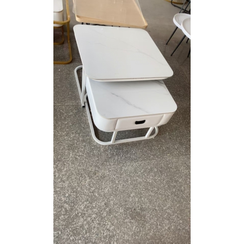 方四柱白色腿軟包皮革抽屜茶幾巖板鐵架